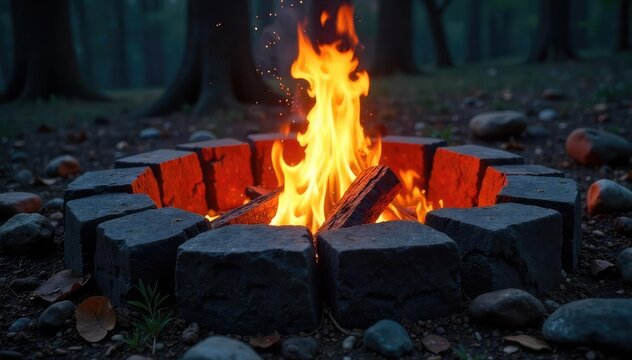 A crackling fire burns brightly within a circular stone ring, embers glowing amidst the surrounding darkness Perfect for concepts of warmth, ritual, or wilderness survival , summer, ring