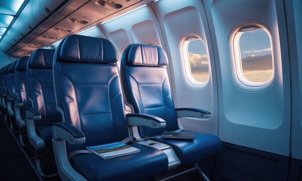 Interior of an airplane cabin, rows of blue seats facing windows, soft light illuminating the interior. A book rests on a seat. Sunrise or sunset visible through the windows - Powered by Adobe