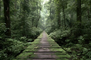 Fototapeta premium wooden bridge in the jungle, covered with moss and ferns,