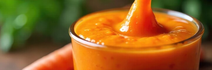 Close-up of freshly juiced carrots, vibrant orange pulp and juice dripping from a juicer spout, healthy eating concept , macro, pulp, farming