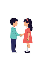 Two happy children shaking hands demonstrating friendship and agreement in a positive interaction