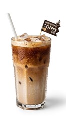 Iced Coffee Beverage With Straw and Decorative Flag Against White Background