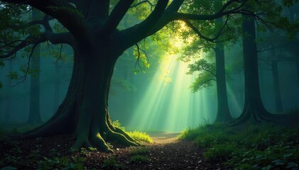 Deep shadows shroud ancient trees in a mystical forest, sunlight barely piercing the dense canopy A sense of mystery and quiet pervades the scene , epic, green