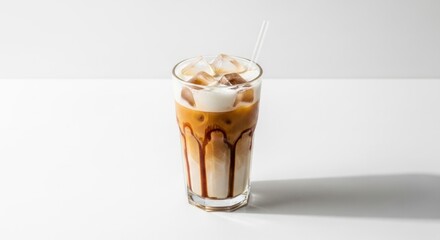Iced Coffee Beverage with Straw and Milk Foam on a White Background