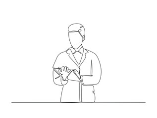 Continuous line art drawing of handsome businessman reading document. Businessman holding paper in single line art drawing vector illustration. Editable stroke.