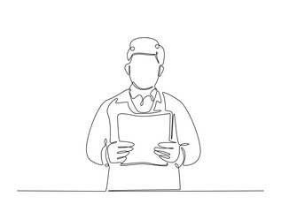 Continuous line art drawing of handsome businessman reading document. Businessman holding paper in single line art drawing vector illustration. Editable stroke.