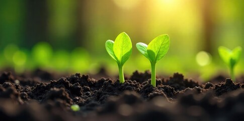 Fresh green shoots emerge from the thawing earth, sunlight warming the damp soil; a vibrant display of springtime's cool renewal , nature, foliage