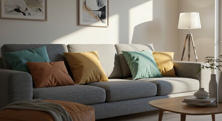 Living room interior with sofa and pillows