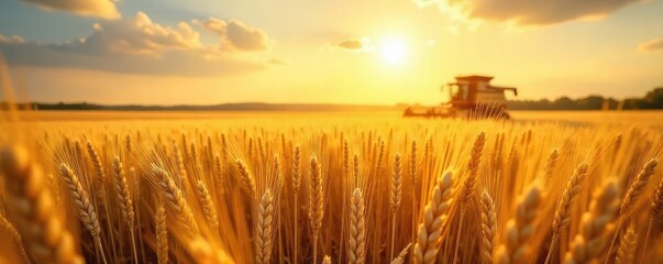 Golden Wheat Field Ready for Harvest A Picturesque Summer Scene of Rural Abundance, with Combines in the Distance Signaling the Autumnal Harvest Season