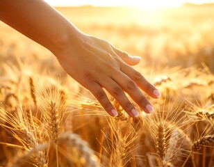 A hand gently touches golden wheat field at sunset