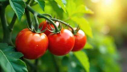 Ripe Red Tomatoes on the Vine, Basking in Sunlight, Ready for Harvest. A vibrant garden scene showcasing plump, juicy tomatoes ready to be picked.  Healthy eating, fresh produce.