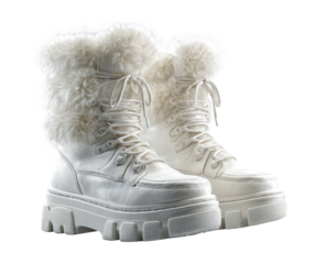 Pair of white faux fur-trimmed ankle boots with chunky platform soles