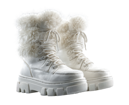 Pair of white faux fur-trimmed ankle boots with chunky platform soles