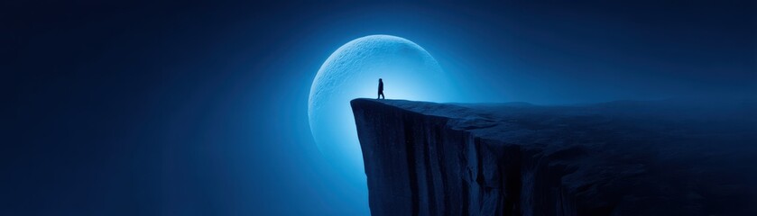 Moon Eclipse Solitude concept. A figure stands on a cliff under a glowing blue moon.