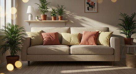 Living room interior with sofa and plants