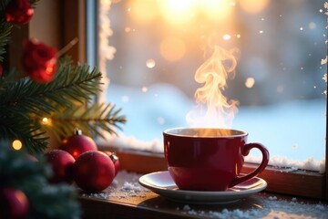 A cozy winter scene with a steaming mug near a snow-covered window, sunlight illuminating the frost Perfect for winter holiday, seasonal, and cozy home themes , ice, home