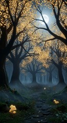 Enchanted Forest Path Under Full Moon Illuminating Glowing Trees and Vegetation in a Night Scene