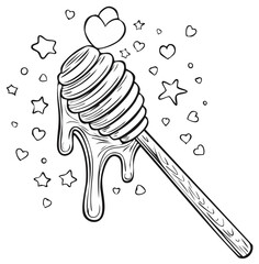 Hand Drawn Honey Dipper with Dripping Honey, Hearts, and Stars