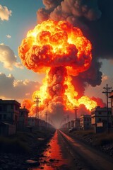 A devastating aerial bomb explosion creates a massive fireball and shockwave, engulfing nearby structures in flames and debris  The scene depicts utter destruction and chaos ,  dust,  explosive