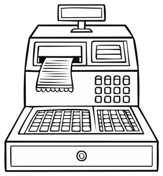 recommend clip art: Vintage cash register illustration with receipt, keyboard and display, line art style.