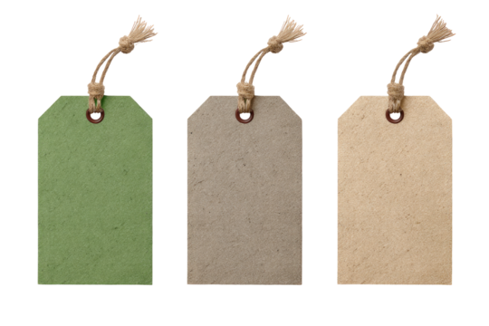 Three blank paper tags, varying shades of muted green, taupe, and beige.  Each tag has a simple, rustic design with a twine loop and a small metal grommet