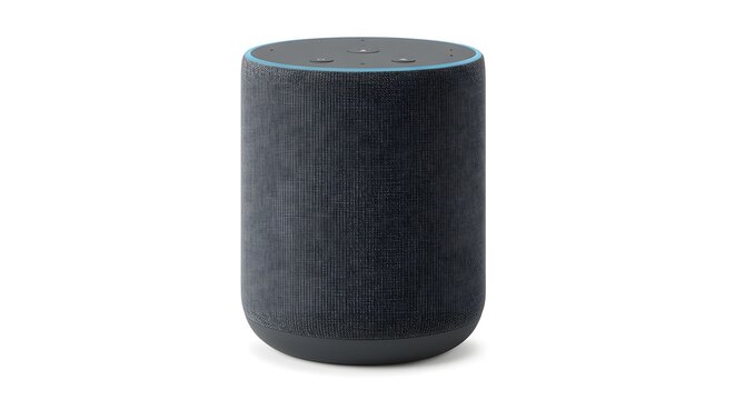 An Amazon Echo device cylindrical with fabric covering and a blue lit top stands isolated on a white background