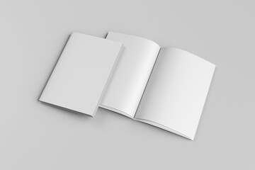 Portrait A4 magazine or book mockup with plain cover and open pages, isolated on light grey background