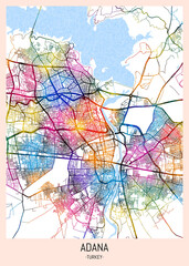 Adana Türkiye City Map. downtown printable Landmarks print painting, travel art banner modern city, urban city art, background abstract