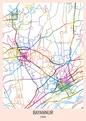 Bayannur China City Map. downtown printable Landmarks print painting, travel art banner modern city, urban city art, background abstract