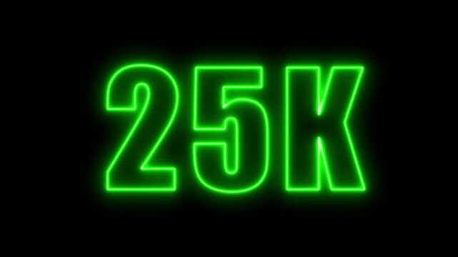 Green neon 25k text glowing against black background for digital celebration