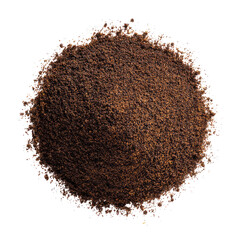 Circular mound of dark-brown powder.  A slightly speckled,  uniformly textured, granular substance, filling a round space