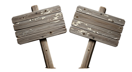 Two weathered wooden signs pointing in opposite directions on black background