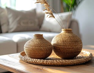 Woven vases on a tray