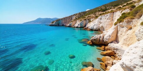 Fototapeta premium Sun-drenched Aegean coast, crystal-clear turquoise water laps gently against whitewashed rocks Cycladic island paradise, perfect summer escape Idyllic scene of serene beauty , warm, nature, beauty