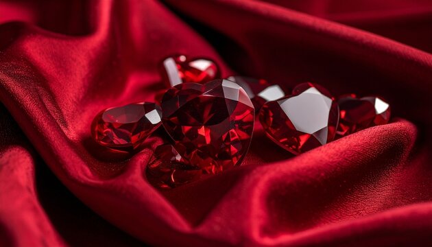 Heartshaped ruby gemstones on red silk fabric background.