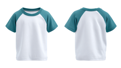 Front and back view of a blank, short-sleeved t-shirt.  Two-toned design with a white main body and teal/turquoise raglan sleeves.  Simple crew neck.  Blank canvas for customization