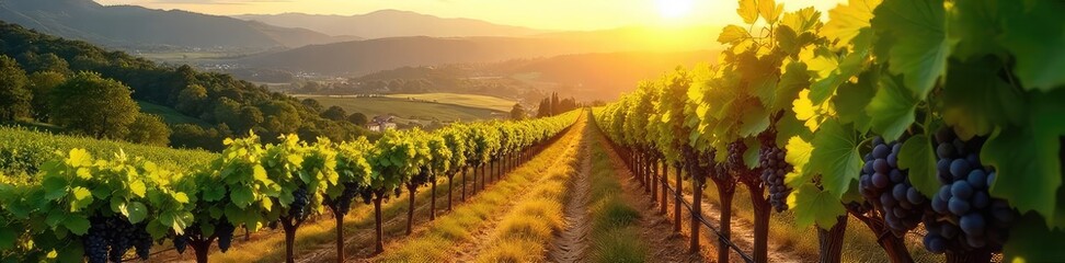 Naklejka premium Sun-drenched rows of lush grape vines stretching across a rolling hillside vineyard, ripe bunches of grapes hanging heavy on the vines, bathed in golden sunlight , scenic, countryside, grapes