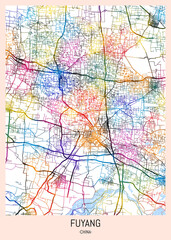 Fuyang China City Map. downtown printable Landmarks print painting, travel art banner modern city, urban city art, background abstract