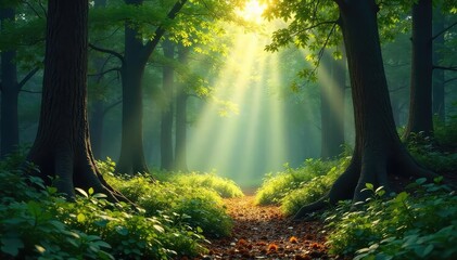 Fototapeta premium Sunlit Woodland Canopy Magical Forest Floor Dappled with Light, Perfect for Nature, Environmental, and Fantasy Themes