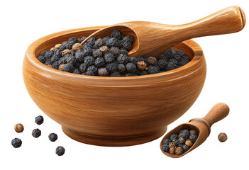 Wooden bowl filled with black peppercorns, with wooden scoop