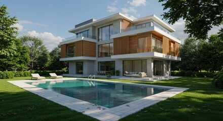 Fototapeta premium Modern Luxury House with Swimming Pool and Lush Greenery