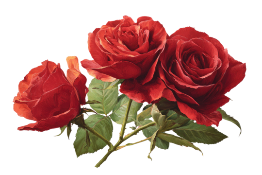 Close-up of three vibrant red roses, detailed leaves