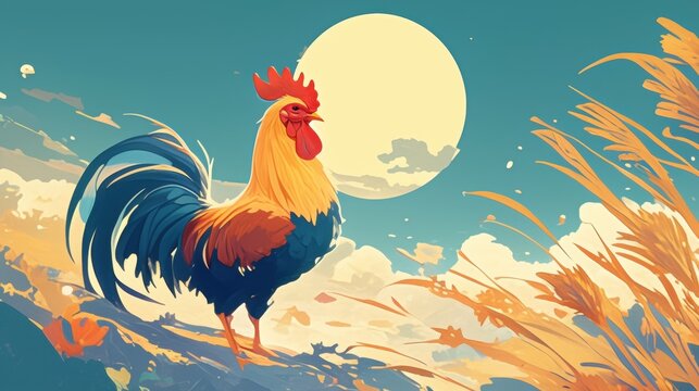 Vibrant Rooster Standing Amidst Golden Grass Under a Full Moon