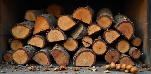Fototapeta premium A rustic pile of seasoned firewood, ready for a cozy fire Perfect for autumn, winter, or fireplace themes Various wood types and sizes create texture and visual interest , countryside, dry