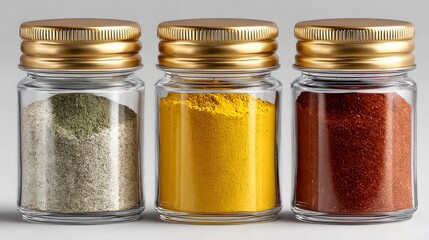 Three round glass spice jars filled with dried herbs, yellow turmeric, and red chili powder are neatly arranged side by side. Spice Jars with golden metal lids, no labels