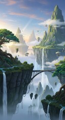 Fantasy Landscape with Floating Islands Waterfalls and Bridges Under a Cloudy Sky