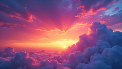 A breathtaking panoramic view of a vibrant, colorful sunset sky Clouds painted with hues of orange, pink, and purple create a stunning natural masterpiece , clouds, peaceful