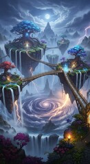 Fantasy Landscape Of Floating Islands Connected By Bridges Under A Cloudy Night Sky