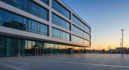 Obraz premium Modern Office Building Exterior at Sunset with Reflective Windows