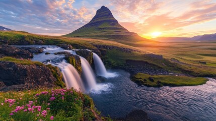 Summer sunset on famous Kirkjufellsfoss Waterfall and Kirkjufell mountain.